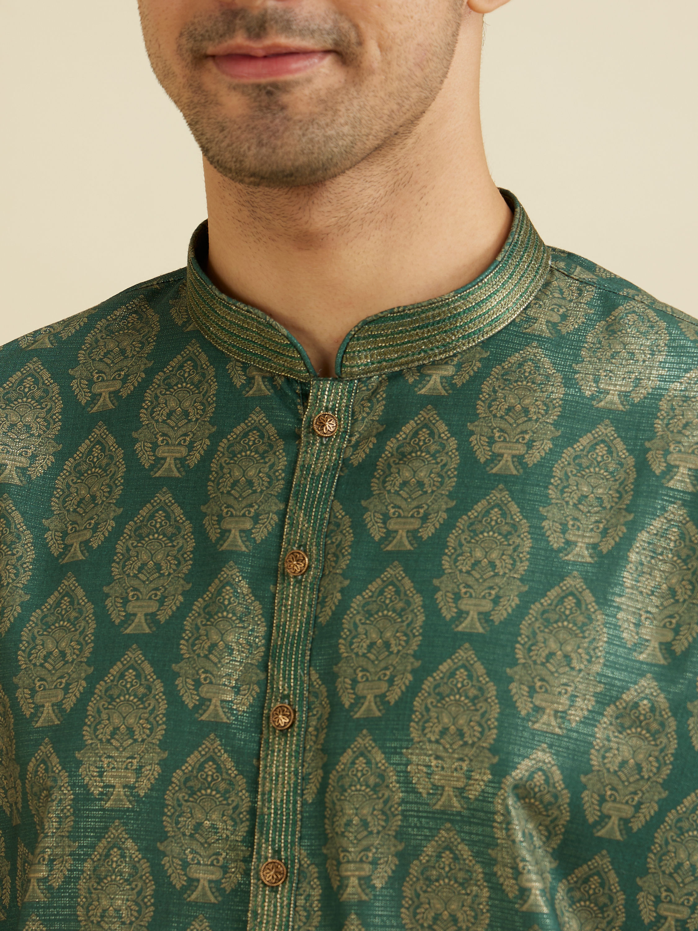 Manyavar Men Bottle Green Jaal Medallion Patterned Kurta Set