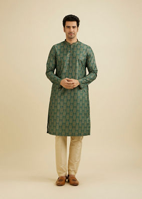 Manyavar Men Bottle Green Jaal Medallion Patterned Kurta Set image number 2