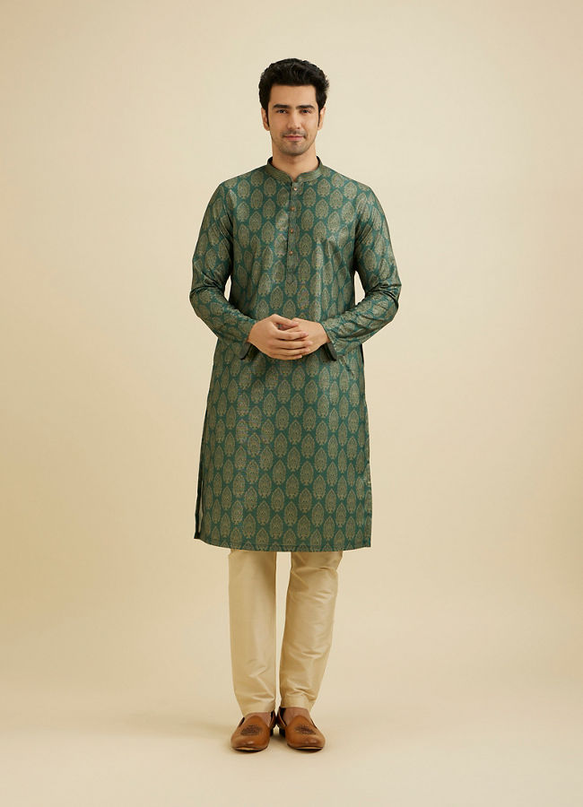 Manyavar Men Bottle Green Jaal Medallion Patterned Kurta Set