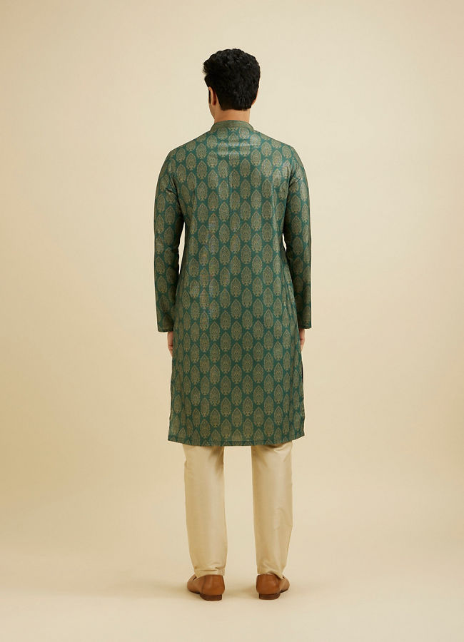 Manyavar Men Bottle Green Jaal Medallion Patterned Kurta Set