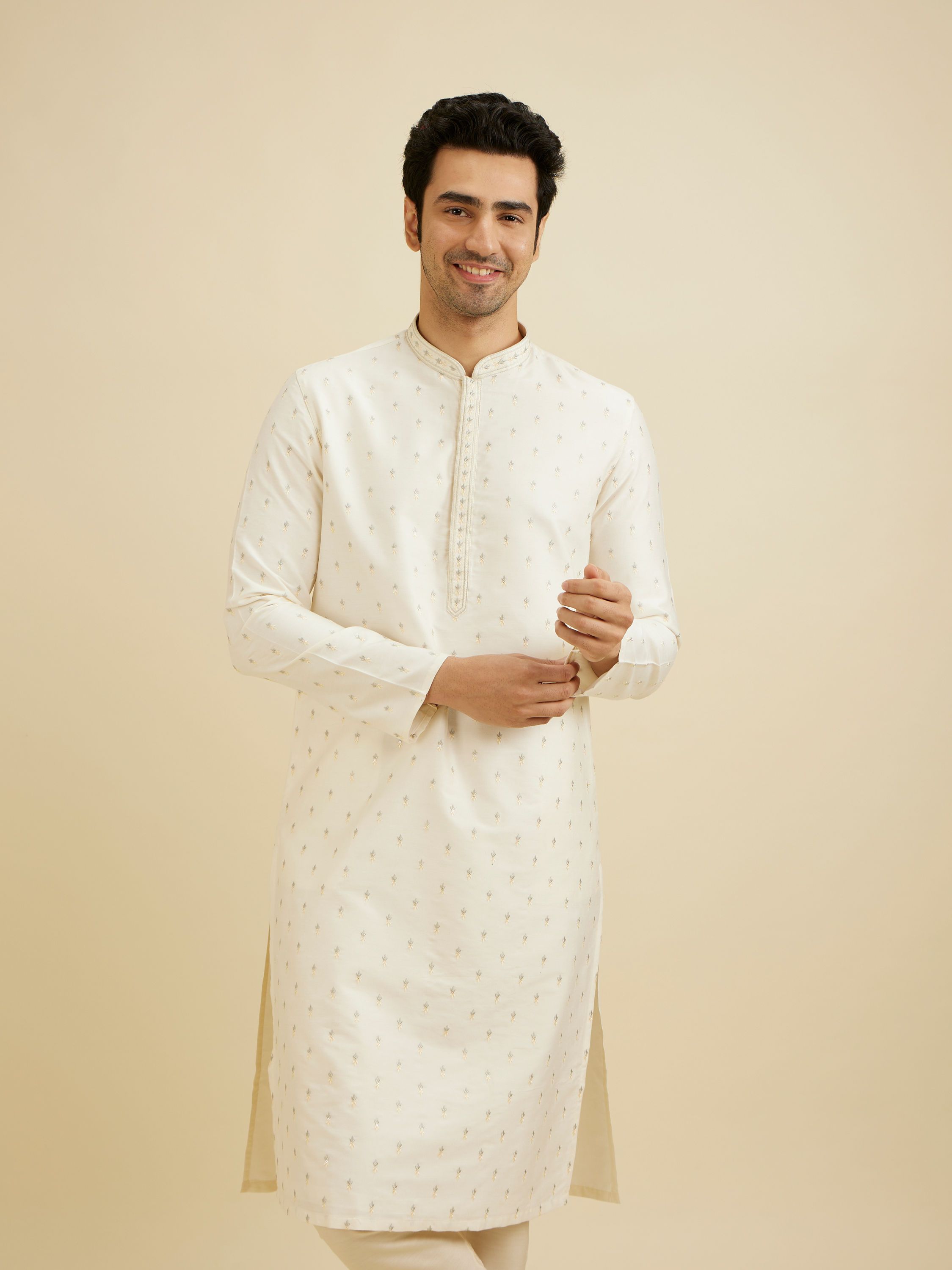 Manyavar Men Cream White Sequinned Kurta Set