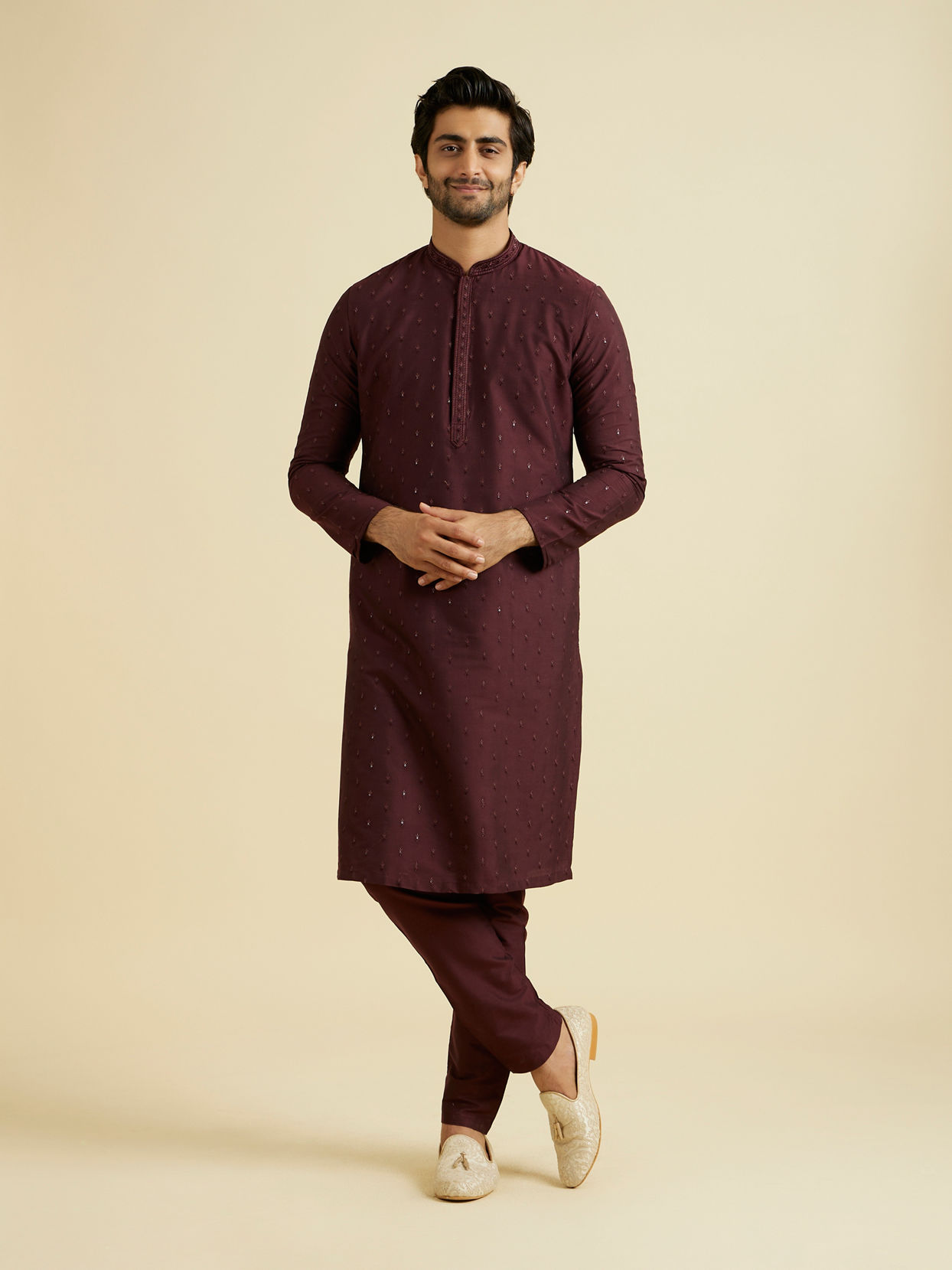 Manyavar Men Regal Wine Kurta Pajama Ensemble