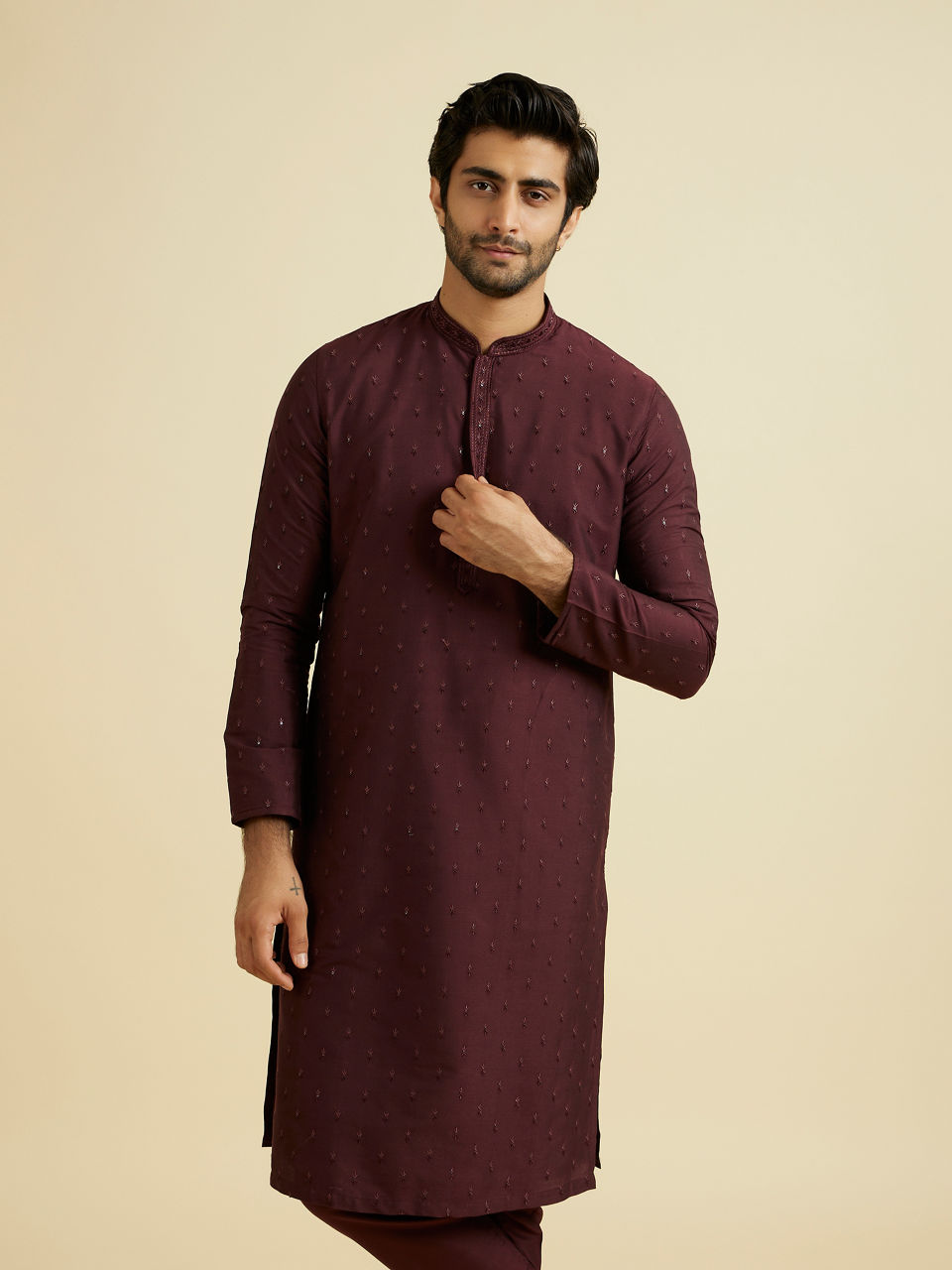 Manyavar Men Regal Wine Kurta Pajama Ensemble