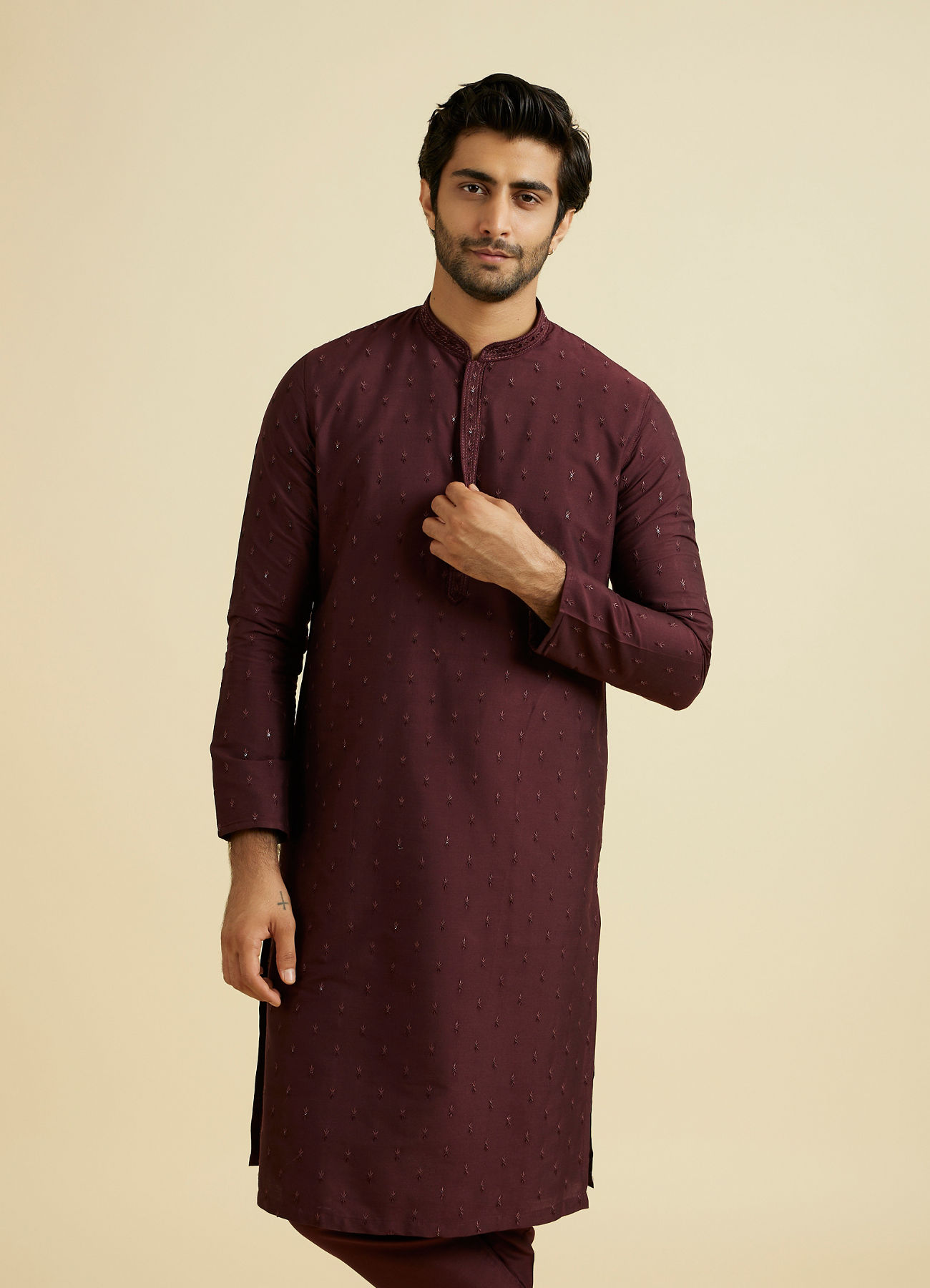 Manyavar Men Regal Wine Kurta Pajama Ensemble