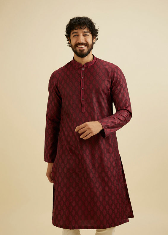 Manyavar Men Maroon Red Buta Jaal Patterned Kurta Set
