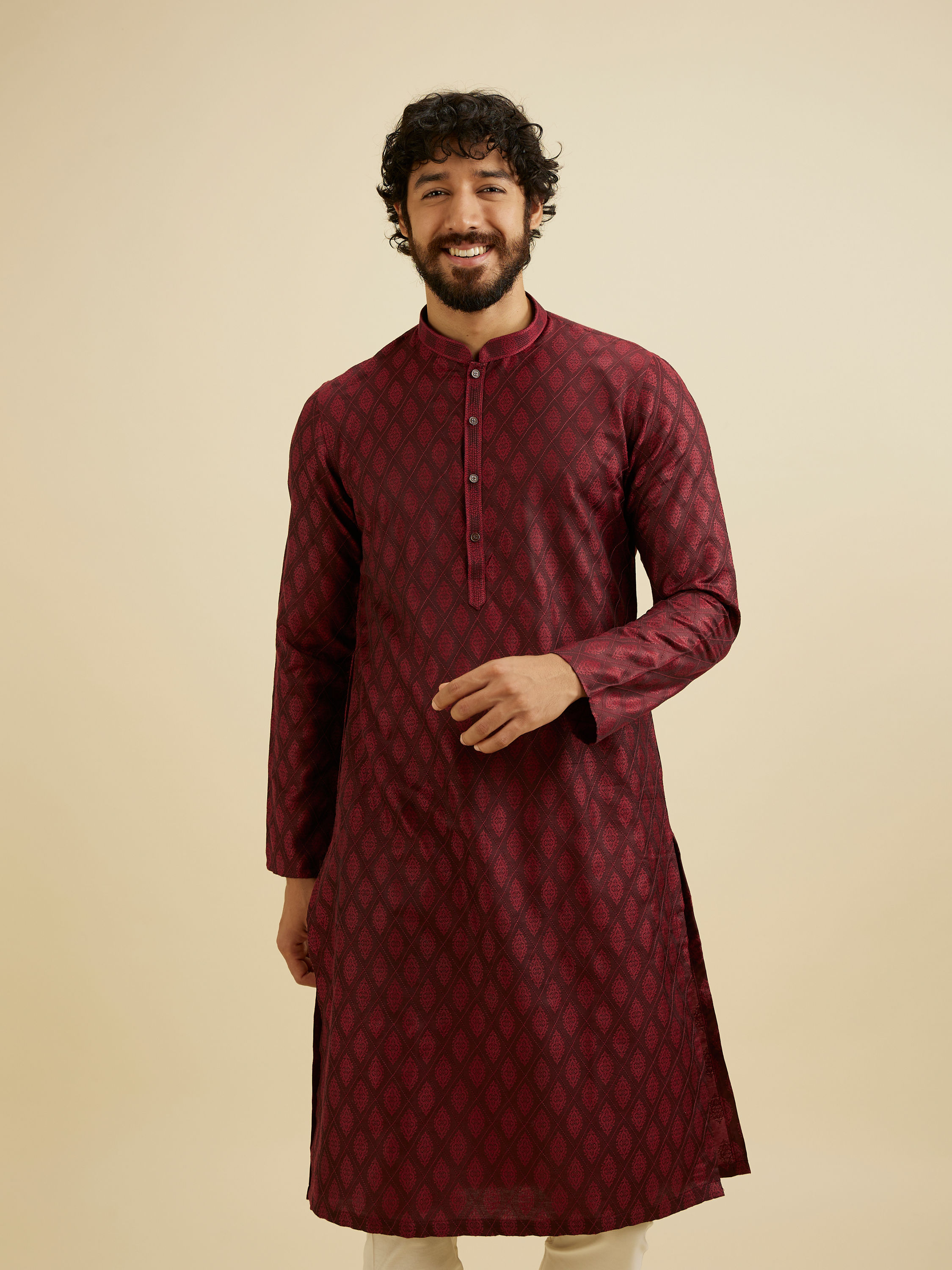Manyavar Men Maroon Red Buta Jaal Patterned Kurta Set