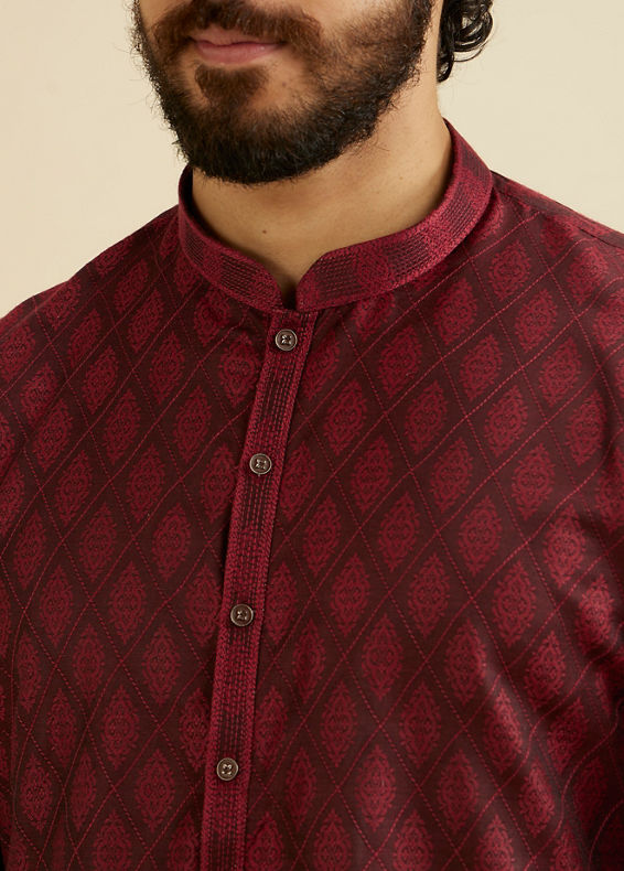 Manyavar Men Maroon Red Buta Jaal Patterned Kurta Set