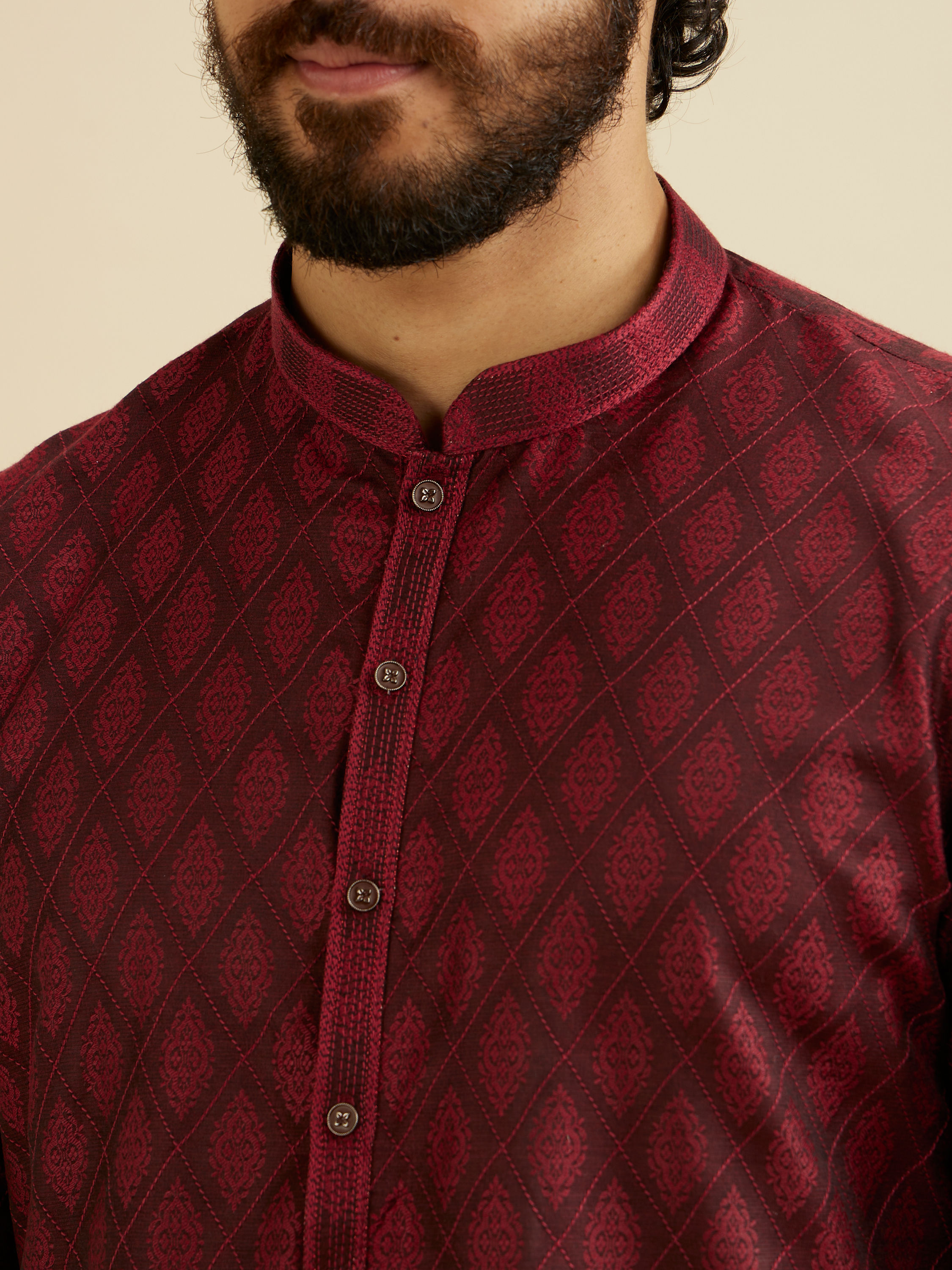 Manyavar Men Maroon Red Buta Jaal Patterned Kurta Set