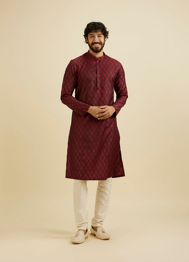 Manyavar Men Maroon Red Buta Jaal Patterned Kurta Set