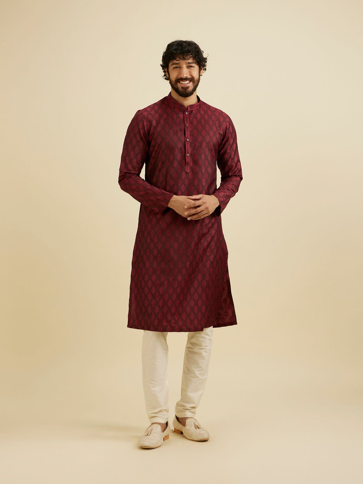 Manyavar Men Maroon Red Buta Jaal Patterned Kurta Set