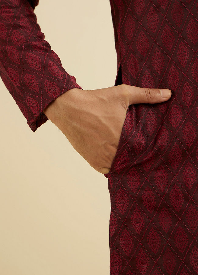 Manyavar Men Maroon Red Buta Jaal Patterned Kurta Set