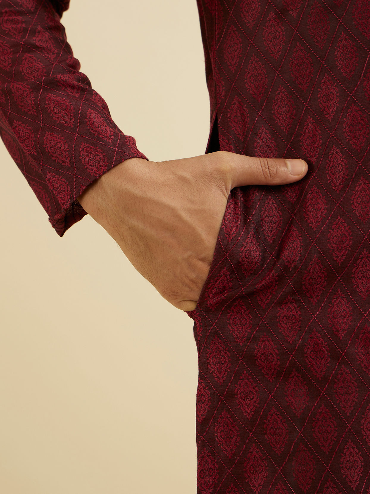 Manyavar Men Maroon Red Buta Jaal Patterned Kurta Set