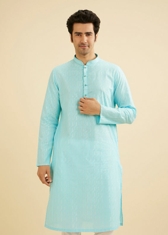 Manyavar Men Powder Blue Kurta Set with Shimmery Linear Patterns