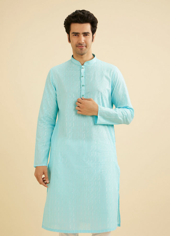 Manyavar Men Powder Blue Kurta Set with Shimmery Linear Patterns