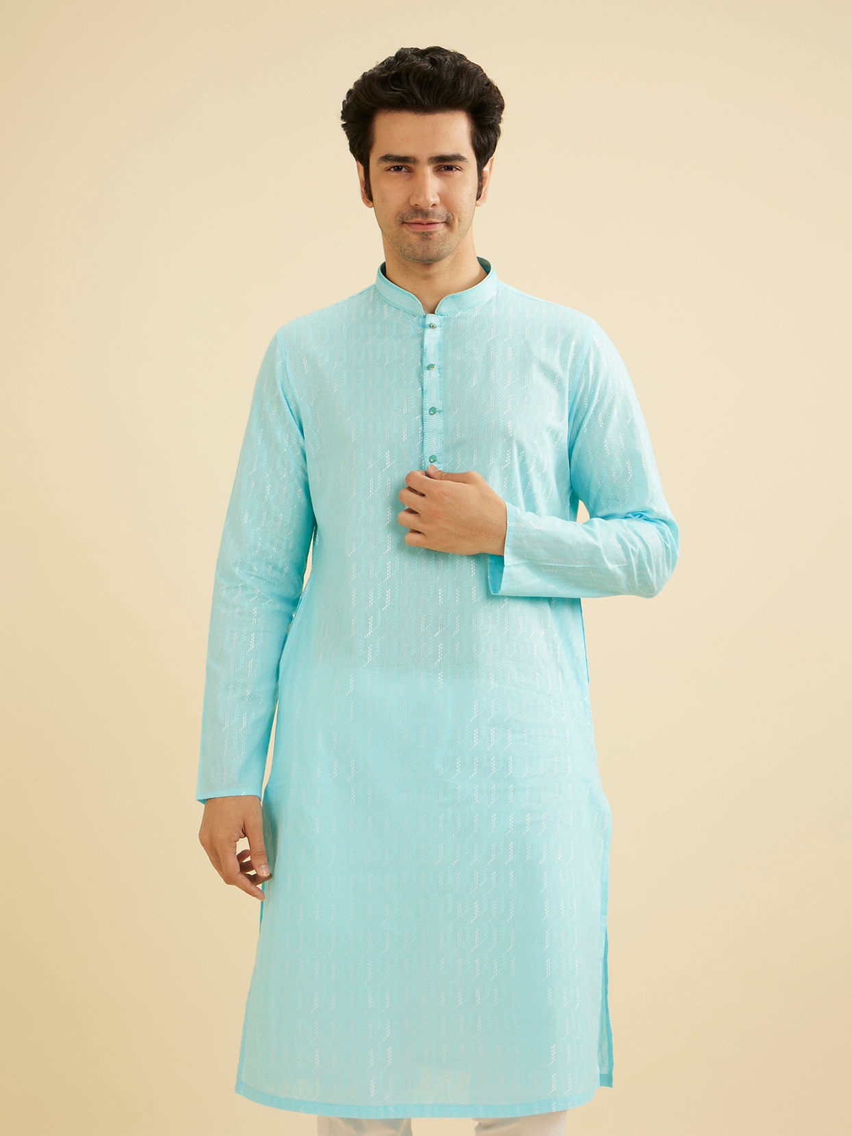 Manyavar Men Powder Blue Kurta Set with Shimmery Linear Patterns