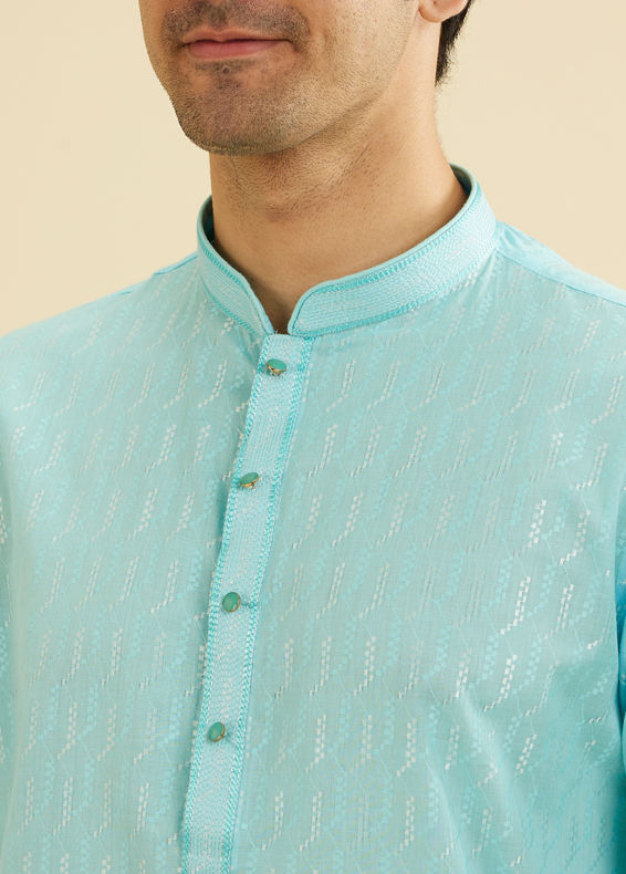Manyavar Men Powder Blue Kurta Set with Shimmery Linear Patterns