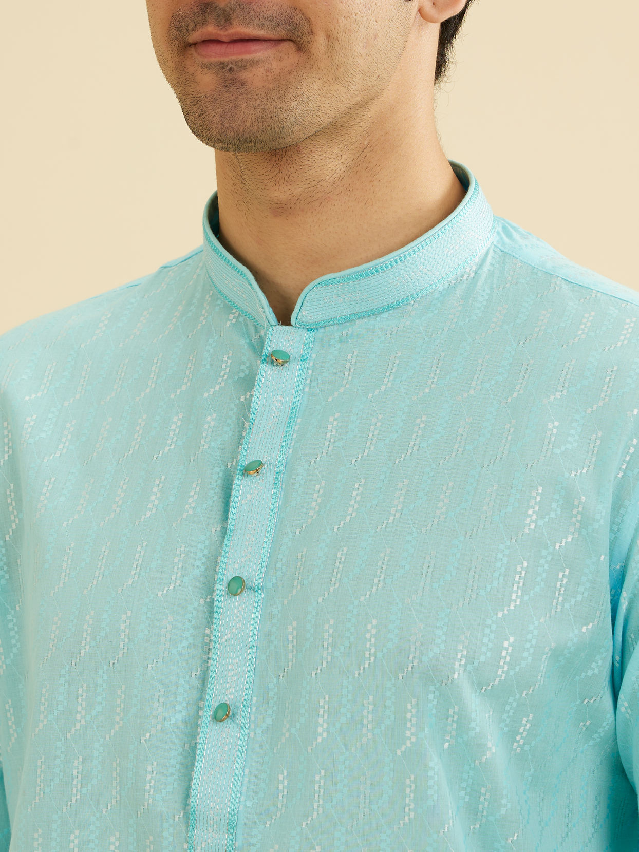 Manyavar Men Powder Blue Kurta Set with Shimmery Linear Patterns