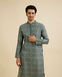 Manyavar Men Teal Blue Medallion Jaal Patterned Kurta Set