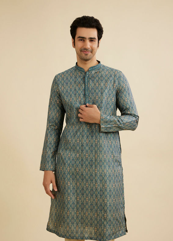 Manyavar Men Teal Blue Medallion Jaal Patterned Kurta Set