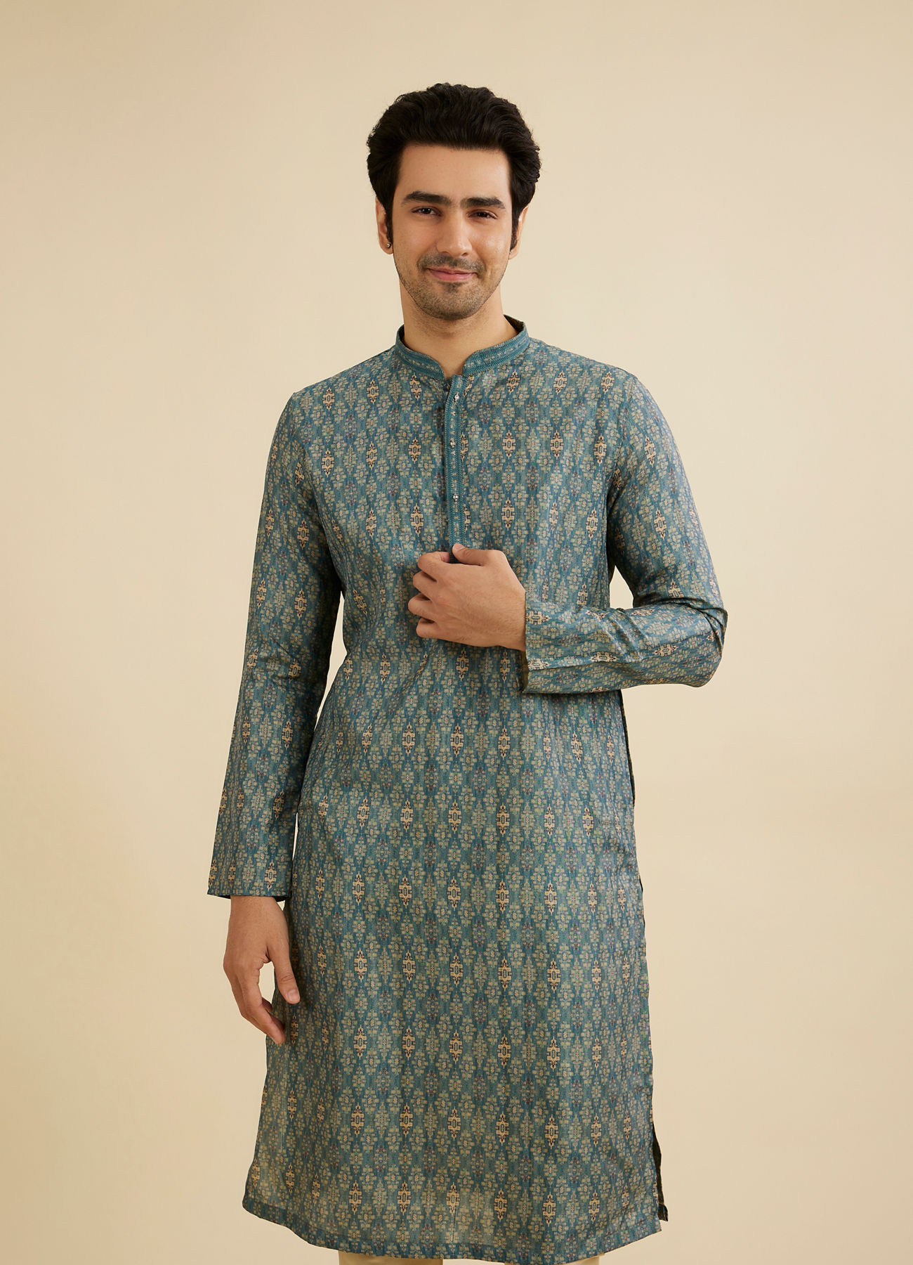 Manyavar Men Teal Blue Medallion Jaal Patterned Kurta Set