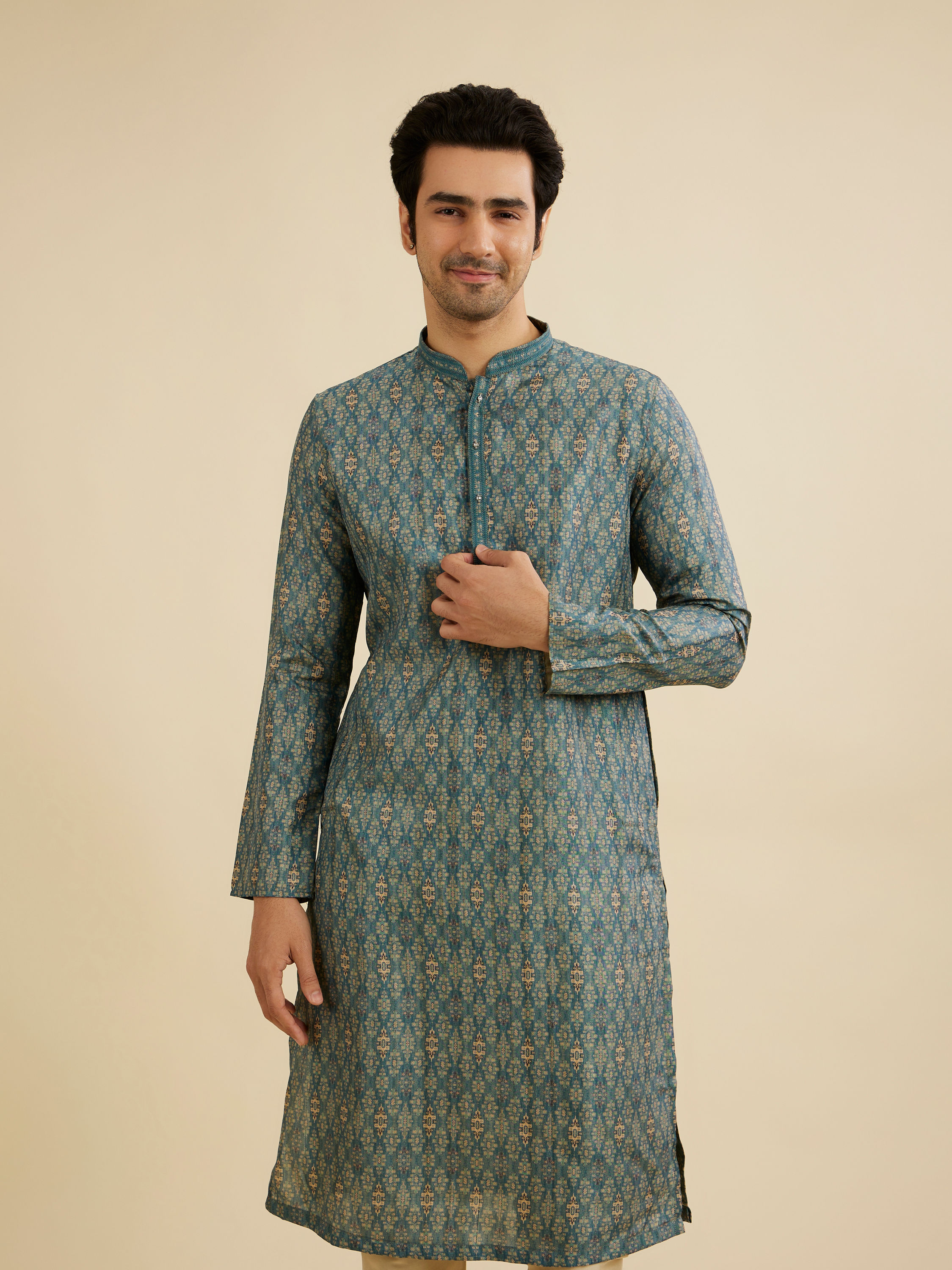 Manyavar Men Teal Blue Medallion Jaal Patterned Kurta Set