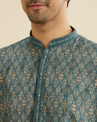 Manyavar Men Teal Blue Medallion Jaal Patterned Kurta Set