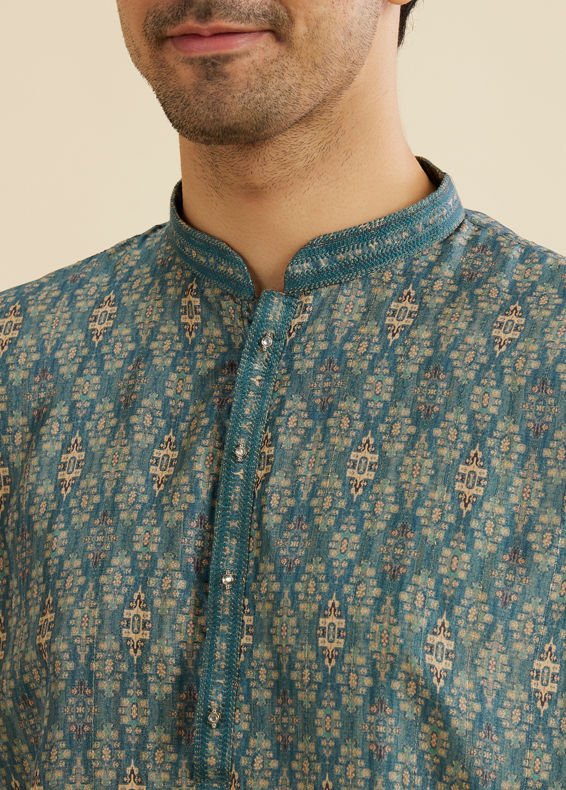 Manyavar Men Teal Blue Medallion Jaal Patterned Kurta Set