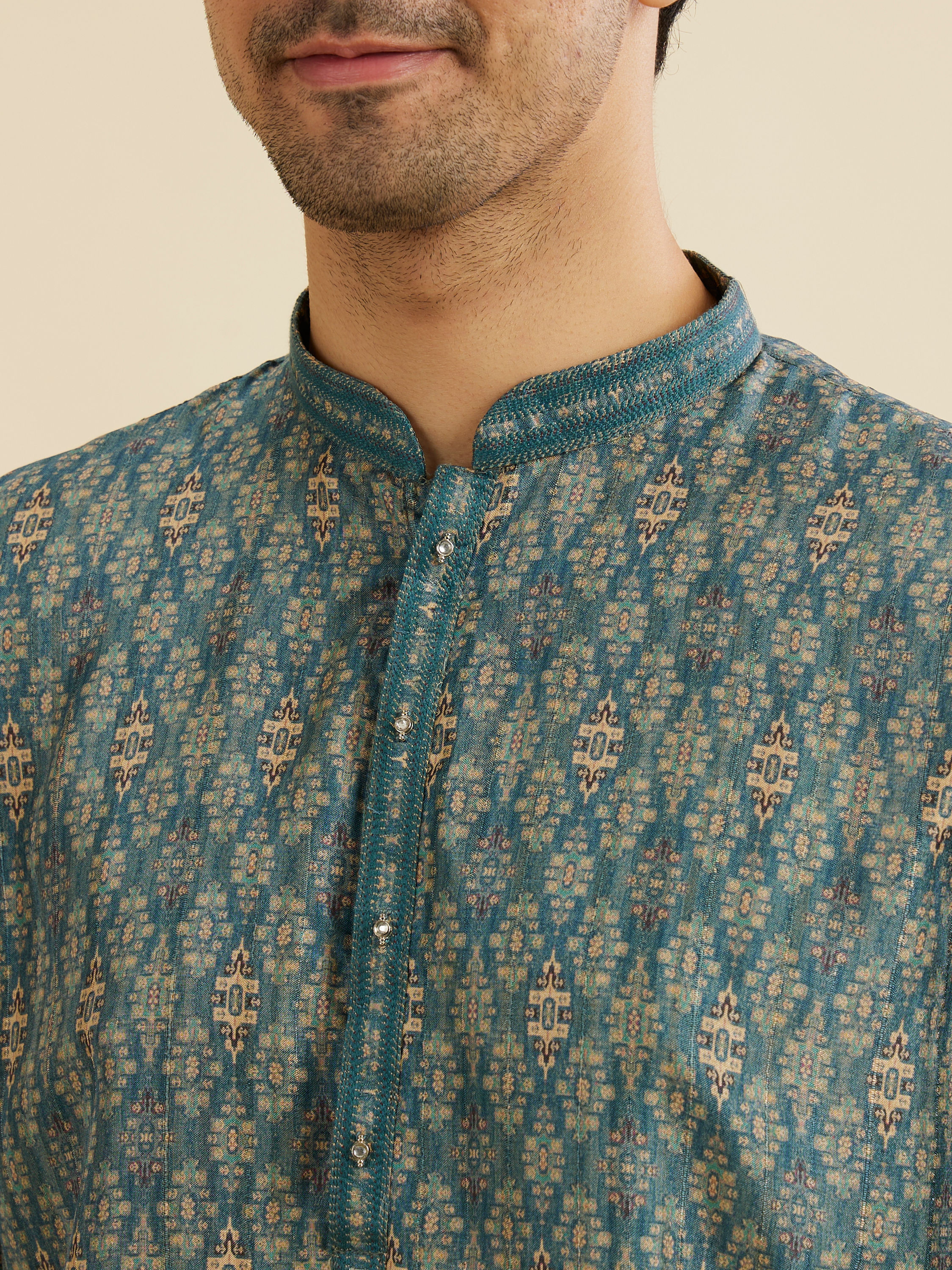 Manyavar Men Teal Blue Medallion Jaal Patterned Kurta Set