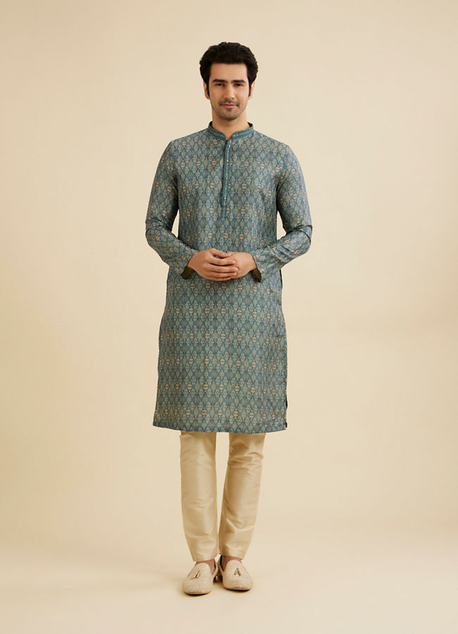 Manyavar Men Teal Blue Medallion Jaal Patterned Kurta Set