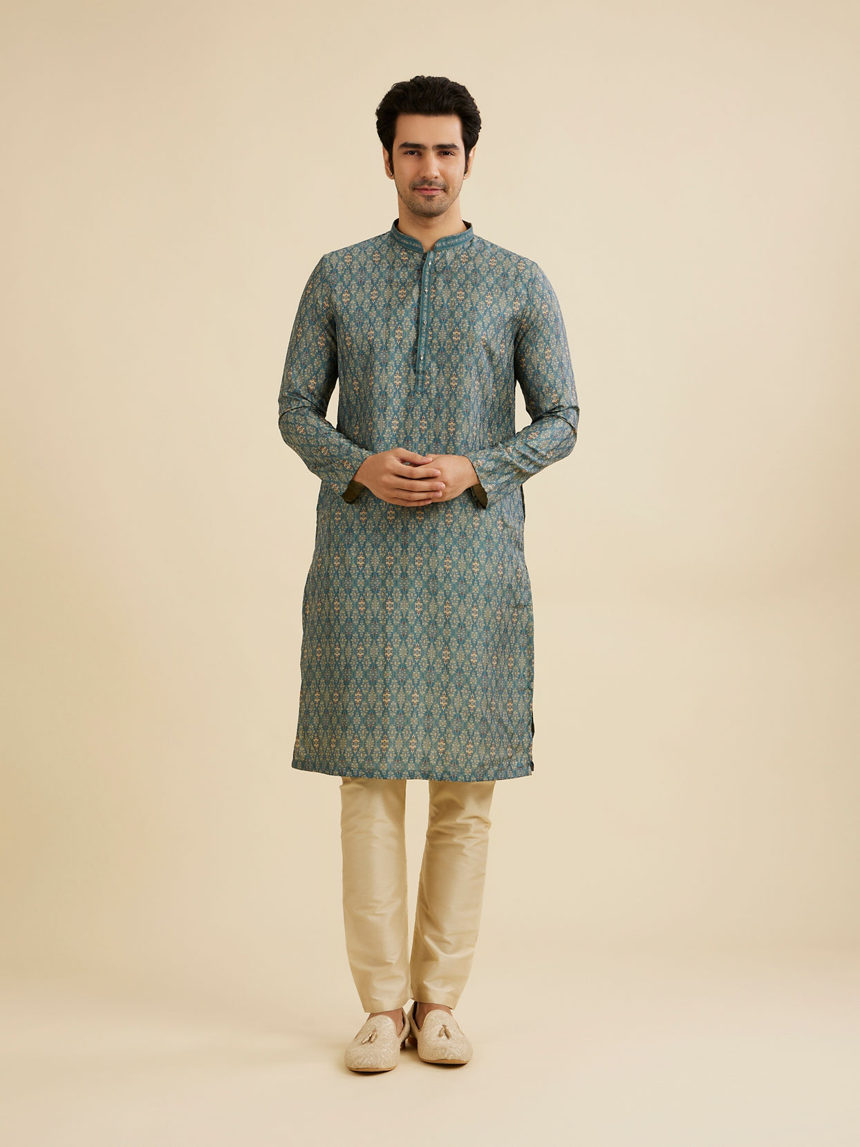 Manyavar Men Teal Blue Medallion Jaal Patterned Kurta Set