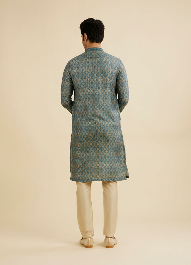 Manyavar Men Teal Blue Medallion Jaal Patterned Kurta Set