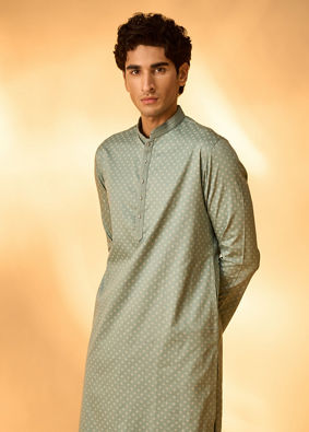 Manyavar Men Aqua Green Dotted Print Kurta Set