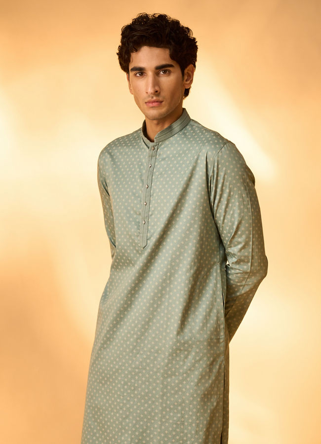 Manyavar Men Aqua Green Dotted Print Kurta Set