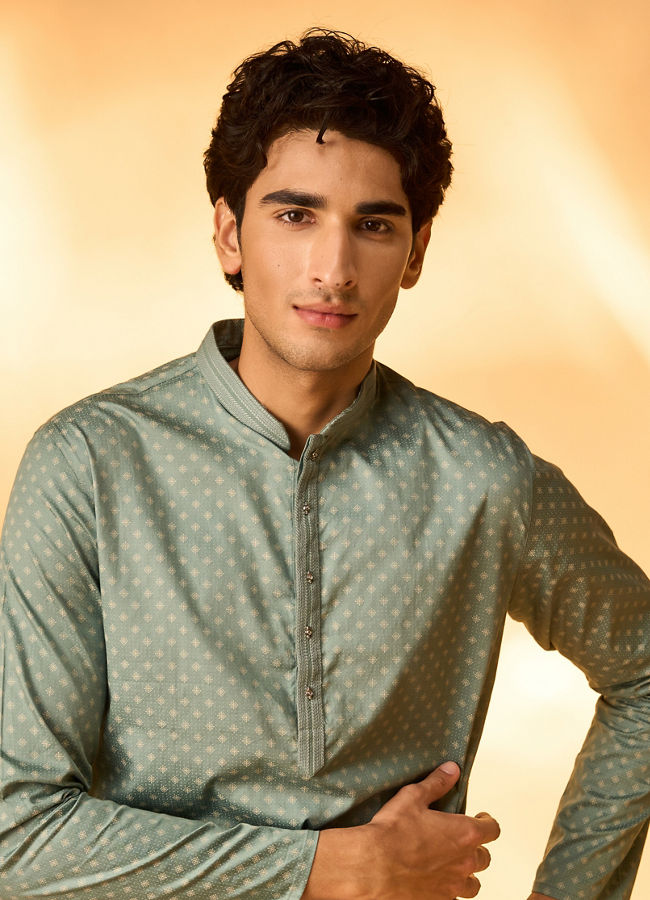Manyavar Men Aqua Green Dotted Print Kurta Set