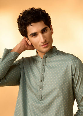Manyavar Men Aqua Green Dotted Print Kurta Set