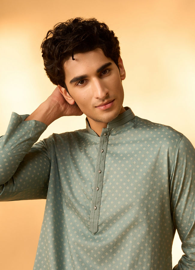 Manyavar Men Aqua Green Dotted Print Kurta Set