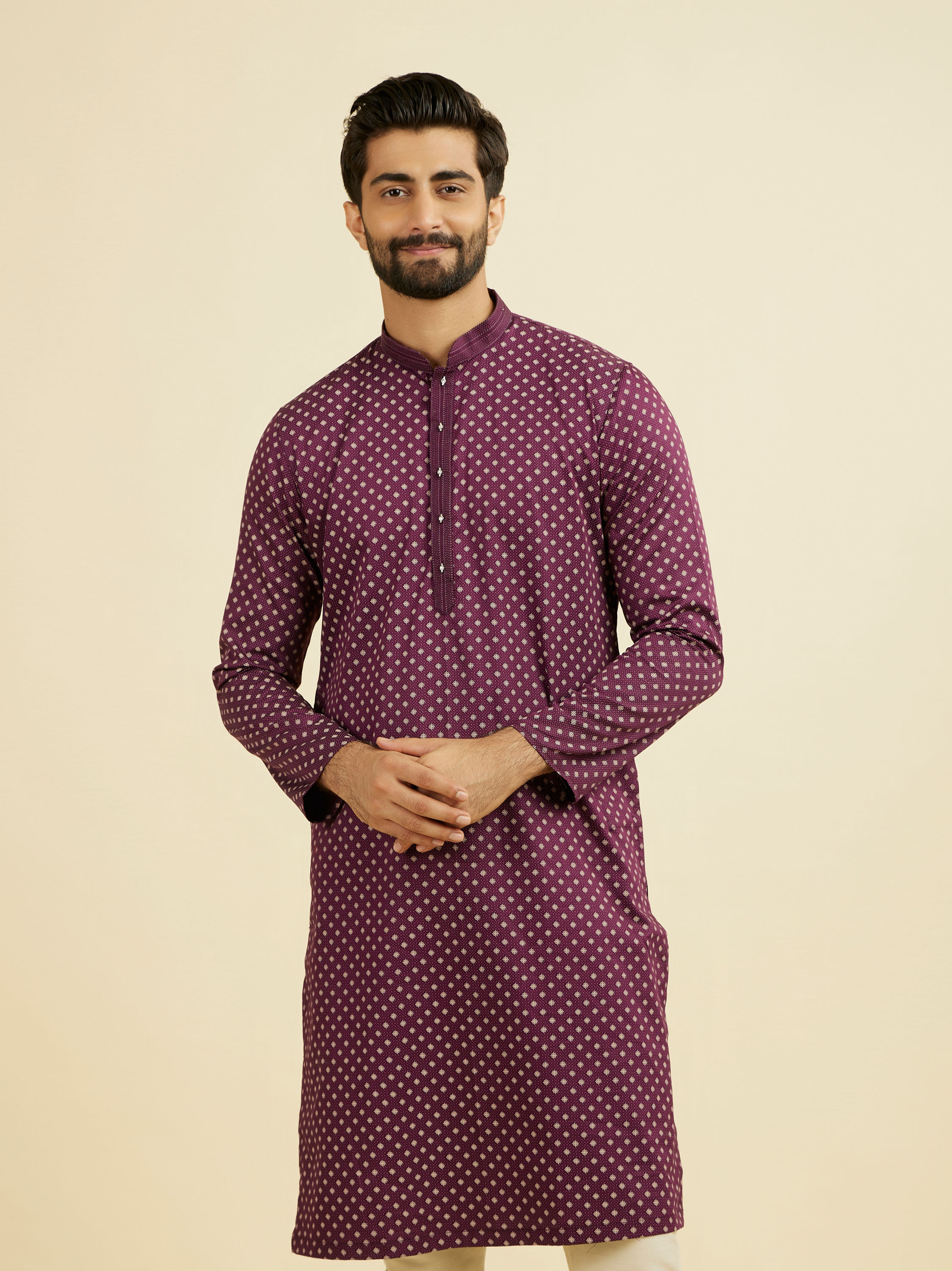 Manyavar Men Purple Cotton Kurta Pajama Set