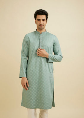 Manyavar Men Aqua Green Dotted Print Kurta Set