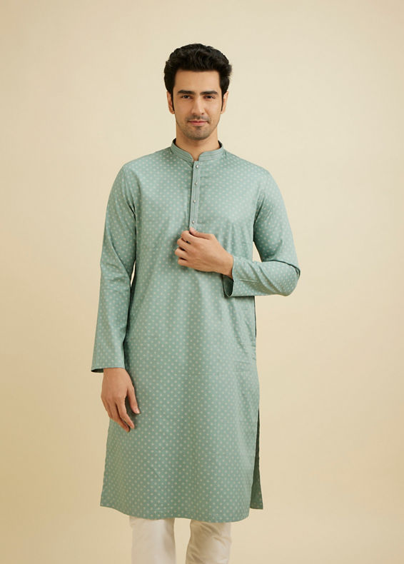 Manyavar Men Aqua Green Dotted Print Kurta Set