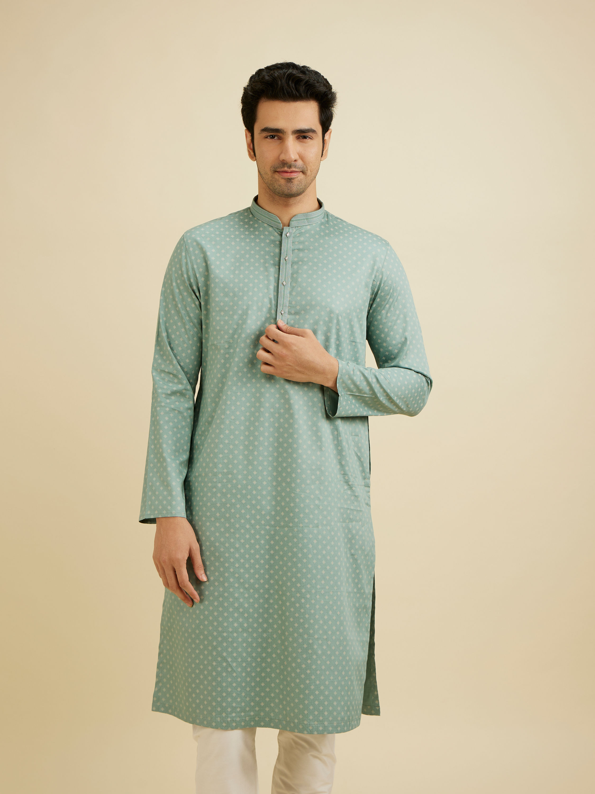 Manyavar Men Aqua Green Dotted Print Kurta Set