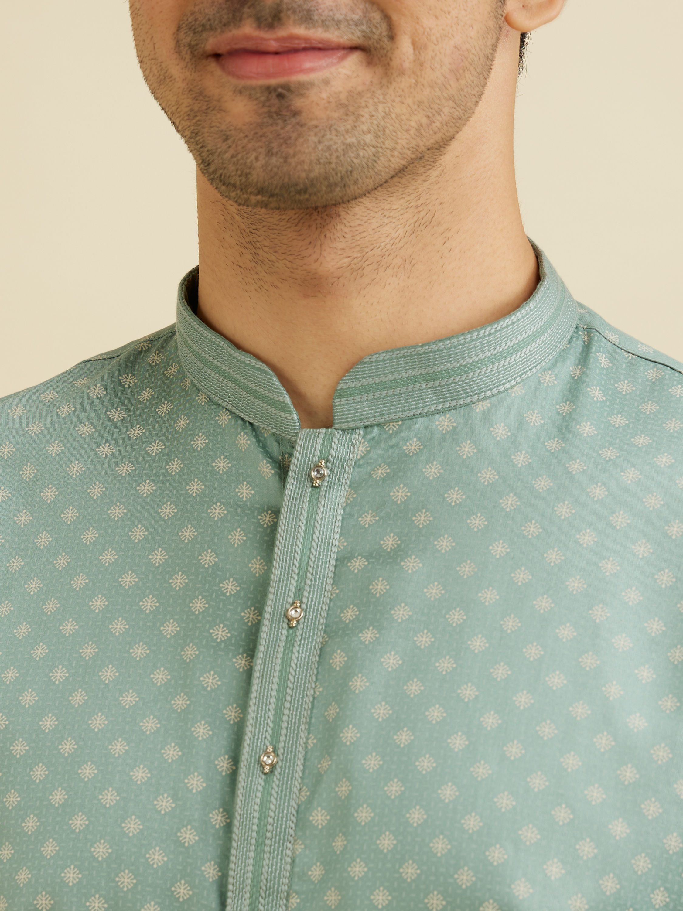 Manyavar Men Aqua Green Dotted Print Kurta Set