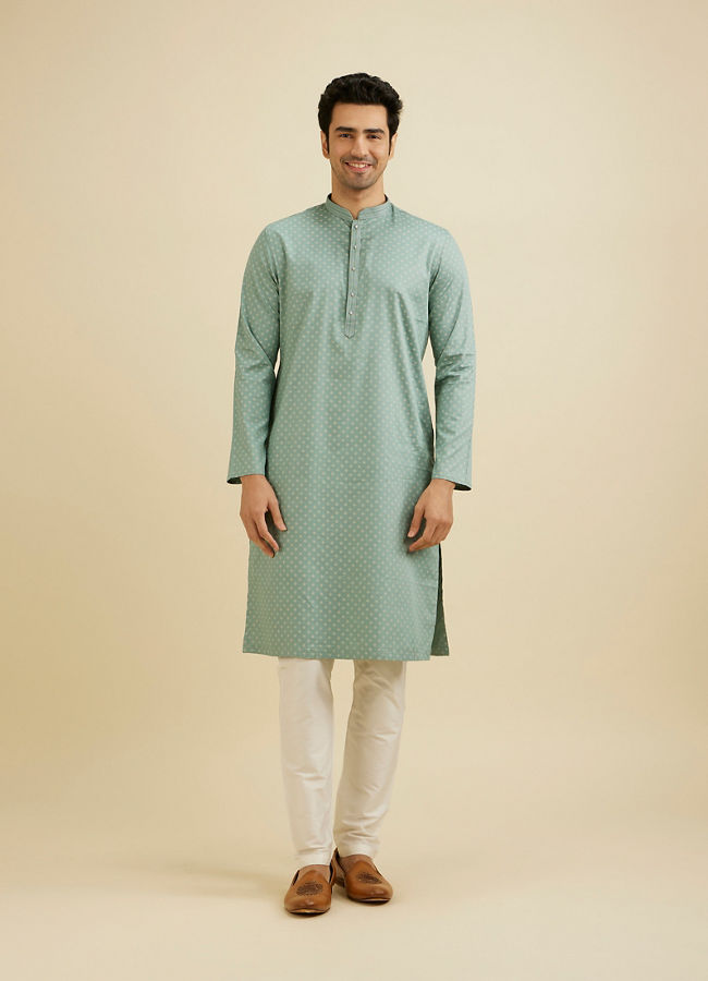 Manyavar Men Aqua Green Dotted Print Kurta Set