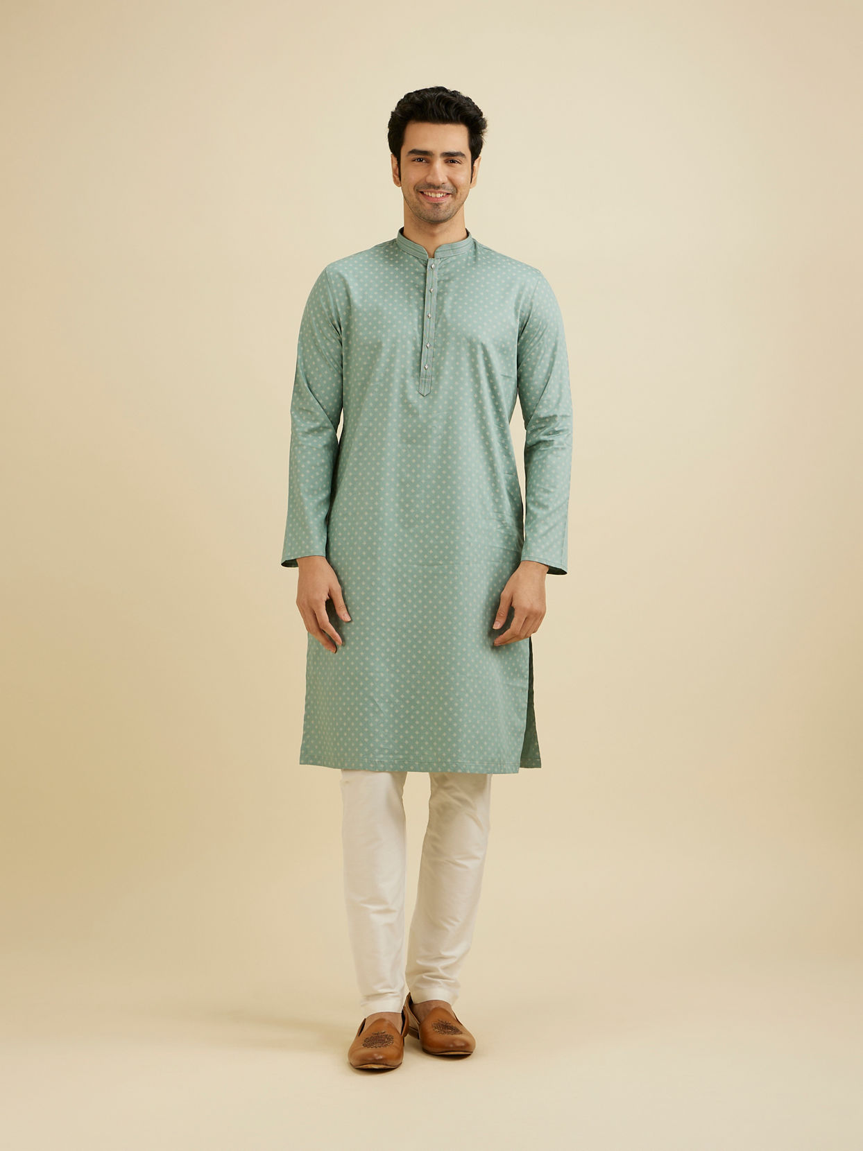 Manyavar Men Aqua Green Dotted Print Kurta Set