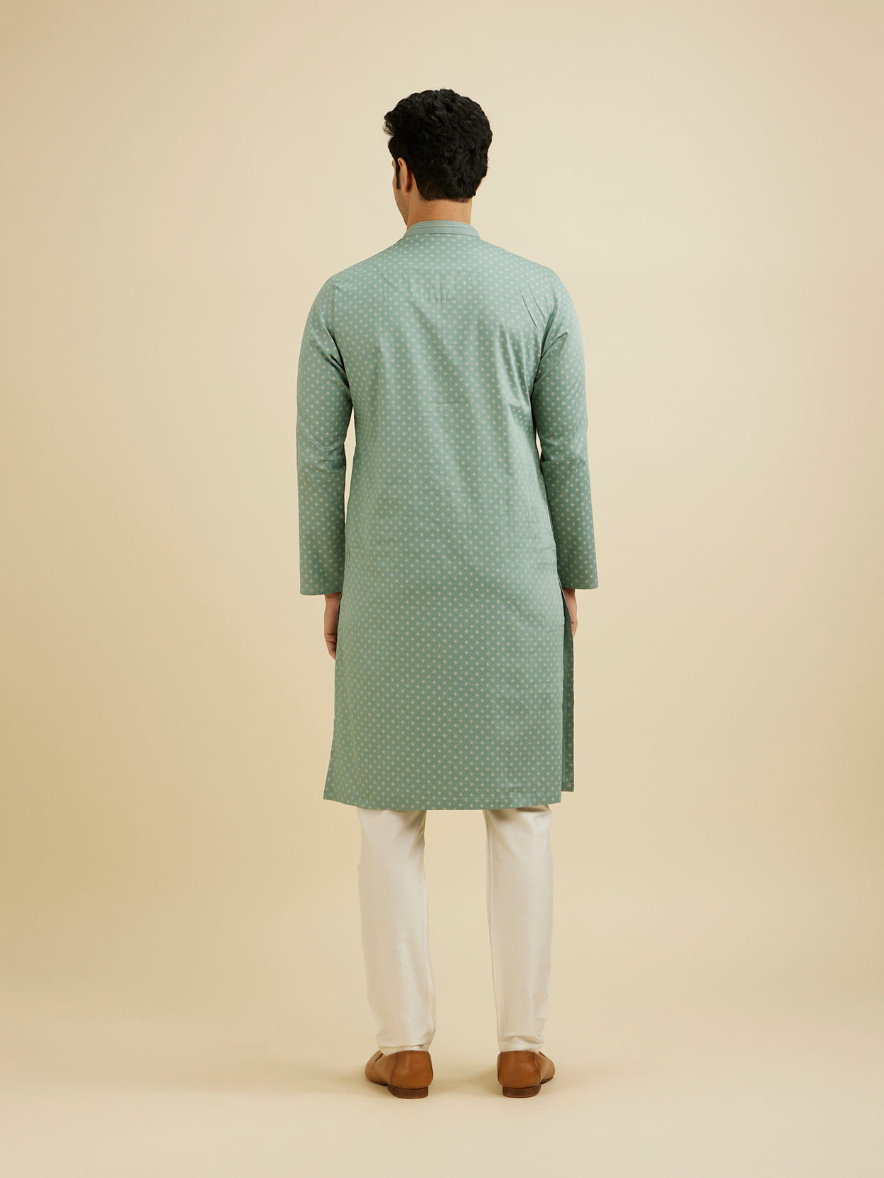 Manyavar Men Aqua Green Dotted Print Kurta Set