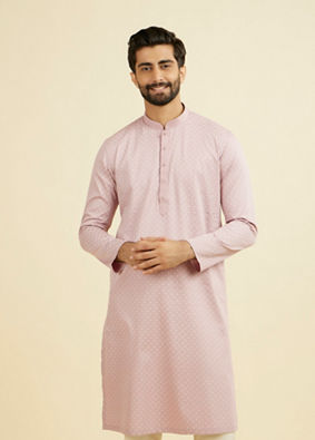 Manyavar Men Dusty Pink Cotton Printed Kurta Pajama Set