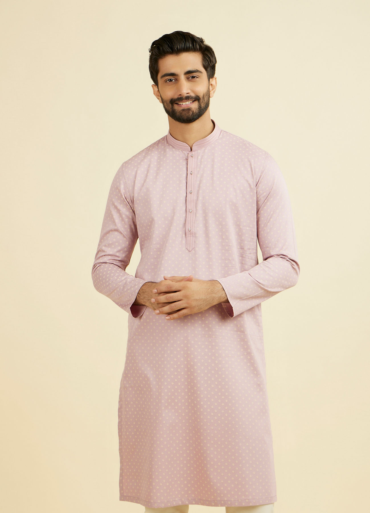 Manyavar Men Dusty Pink Cotton Printed Kurta Pajama Set