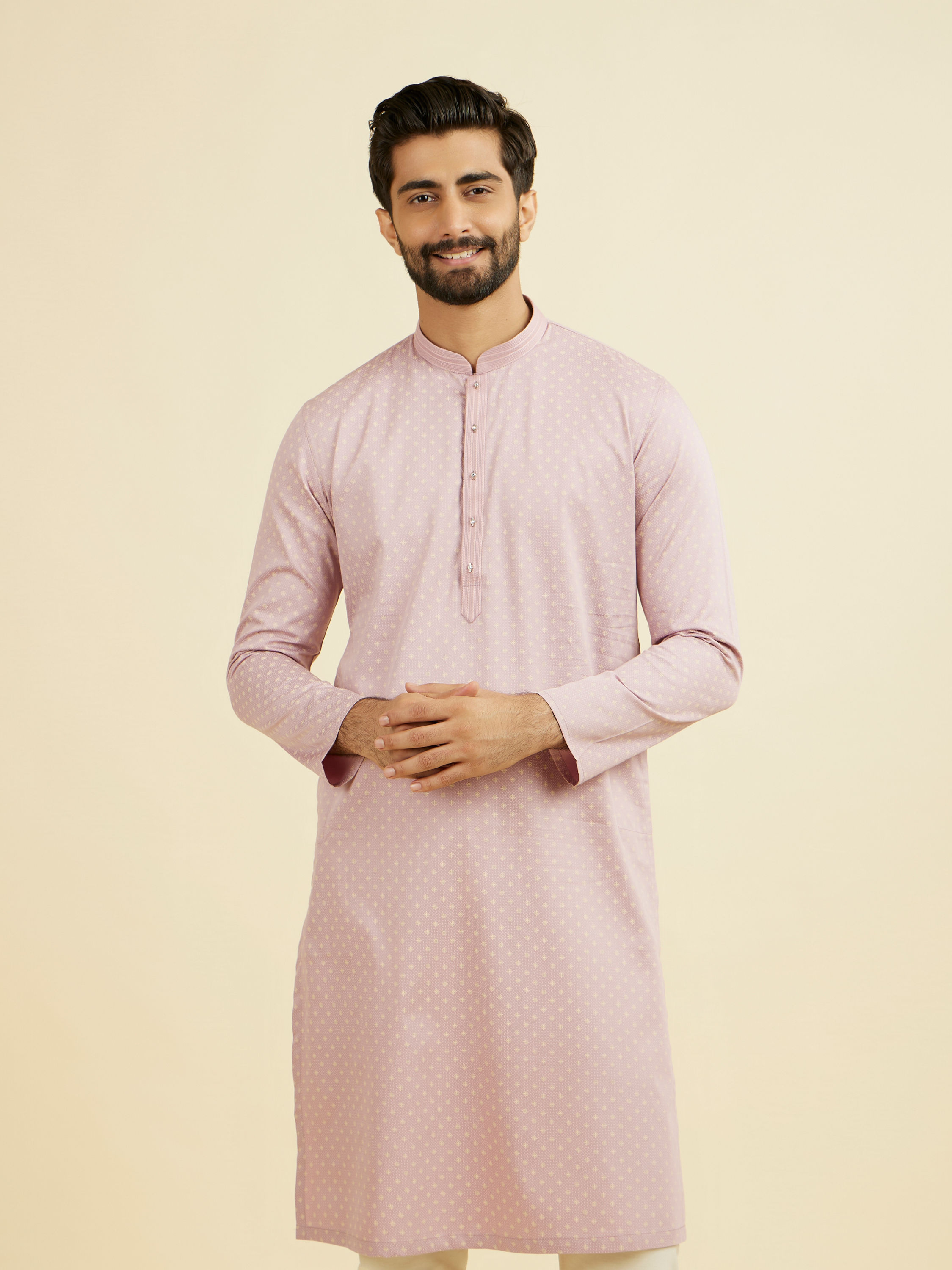 Manyavar Men Dusty Pink Cotton Printed Kurta Pajama Set
