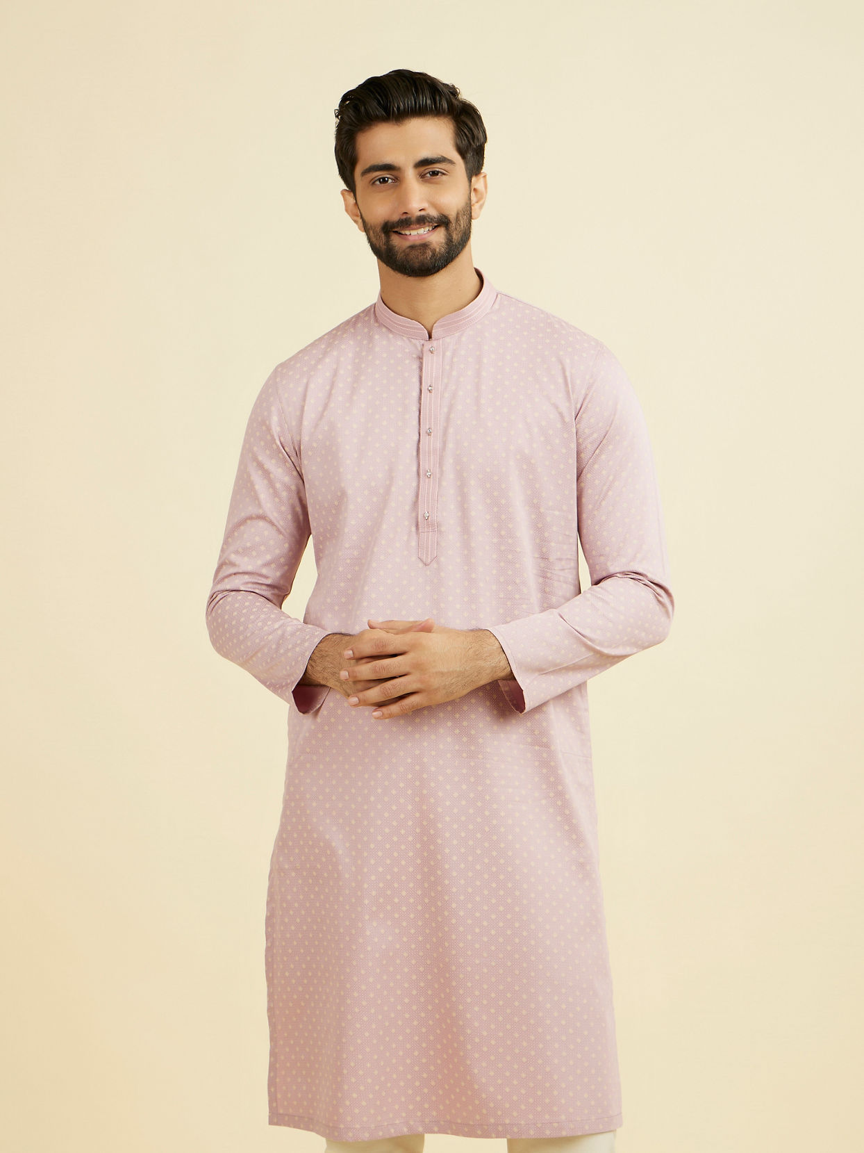 Manyavar Men Dusty Pink Cotton Printed Kurta Pajama Set