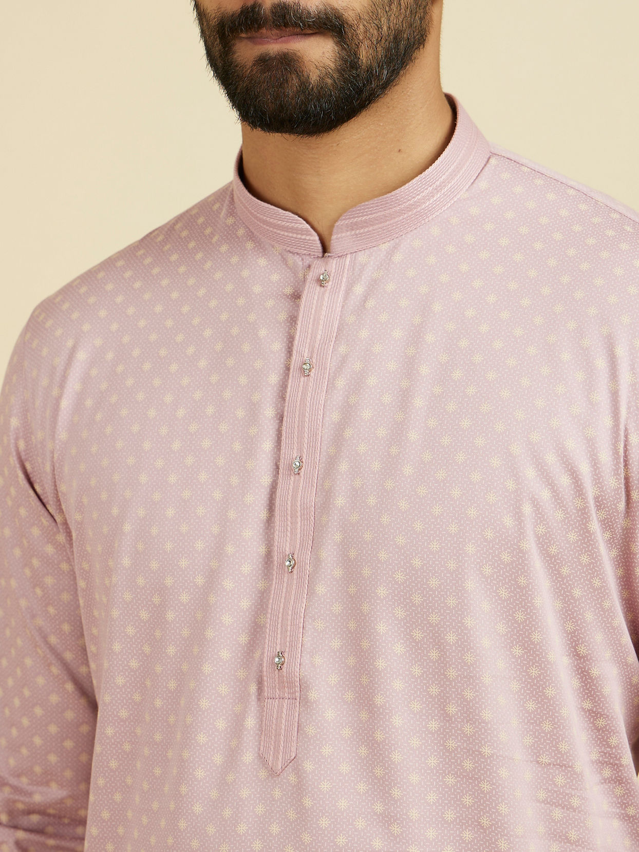 Manyavar Men Dusty Pink Cotton Printed Kurta Pajama Set
