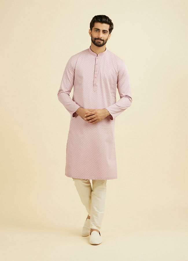 Manyavar Men Dusty Pink Cotton Printed Kurta Pajama Set